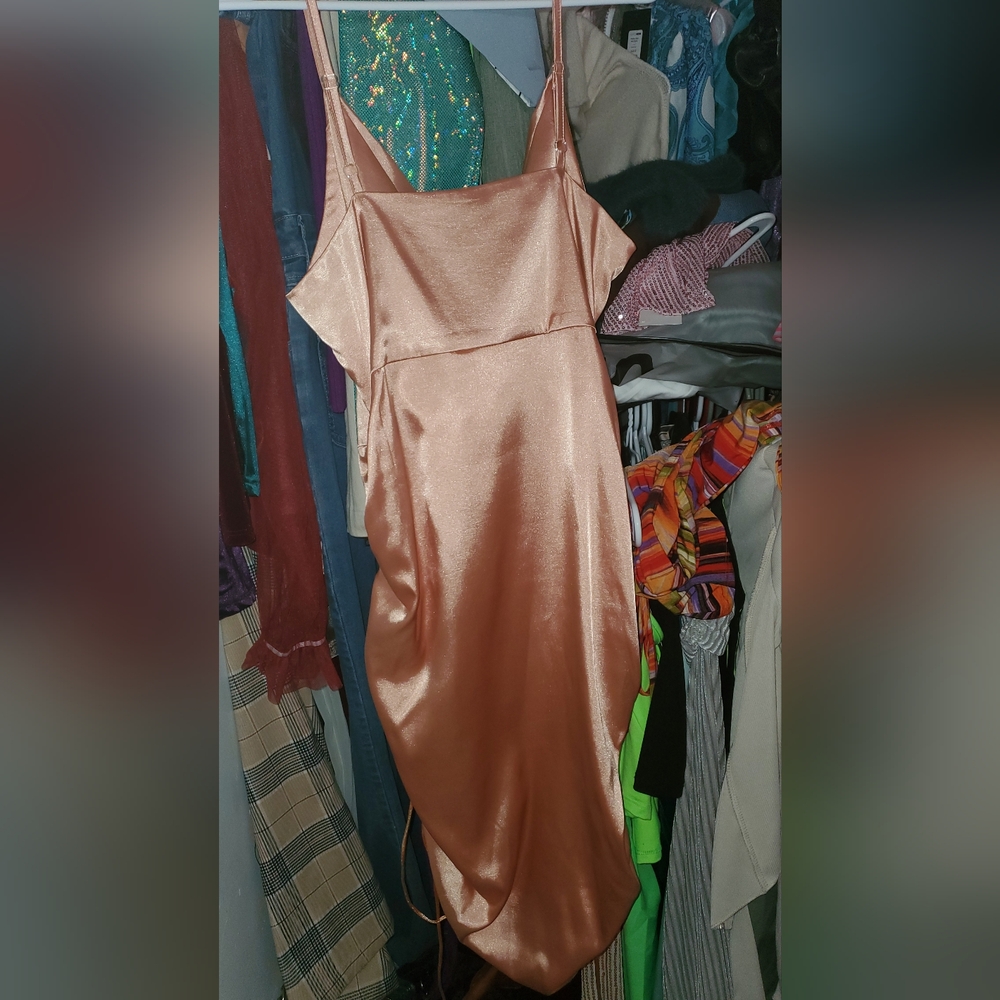 Shein Ruched Drawstring Knot Satin Dress - Picture 10 of 11